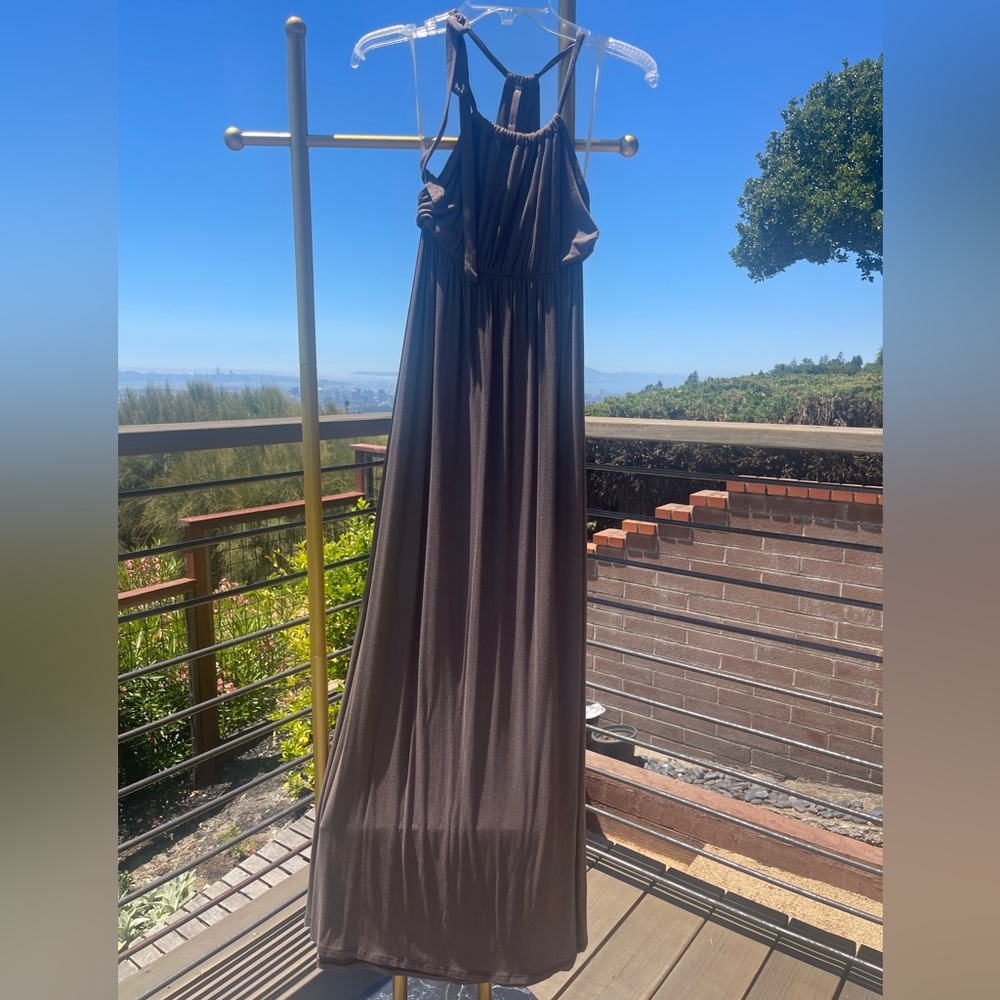 Gray/ tan maxi dress with tie detail at one shoulder